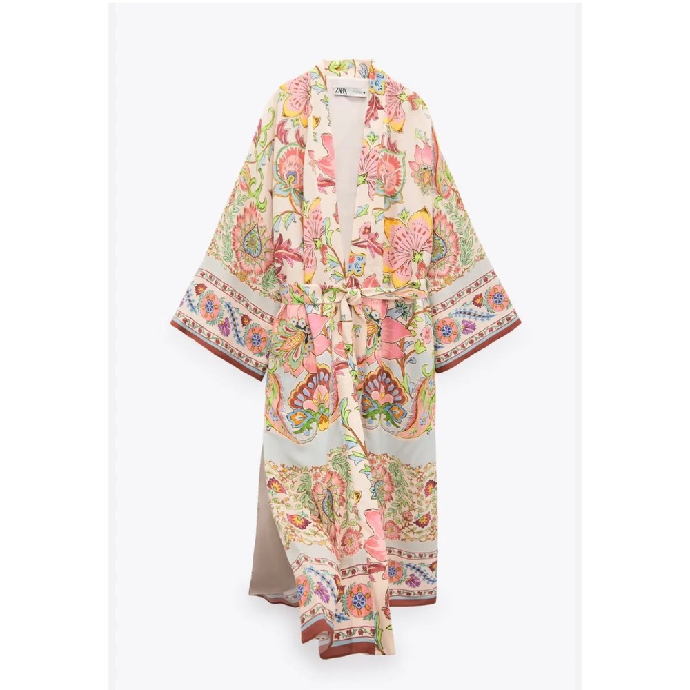 ZARA Long Side Slit Floral Kimono Robe NWT